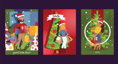 Noel Kış satış vektör mutlu gülümseme aile poster afiş illüstrasyon piyasa satış alışveriş reklam hediyeler için adam kadın birlikte alışveriş torbaları 2019 Noel alışveriş büyük teklif afiş