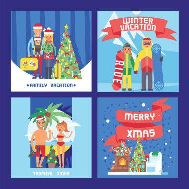 Farklı insanların aile ve arkadaşlar Noel kış tatil tatil. Mutlu aile seyahat ve Xmas birlikte kutluyor. İnsanlar kışın yeni yıl tatili birlikte karakterler illüstrasyon vektör