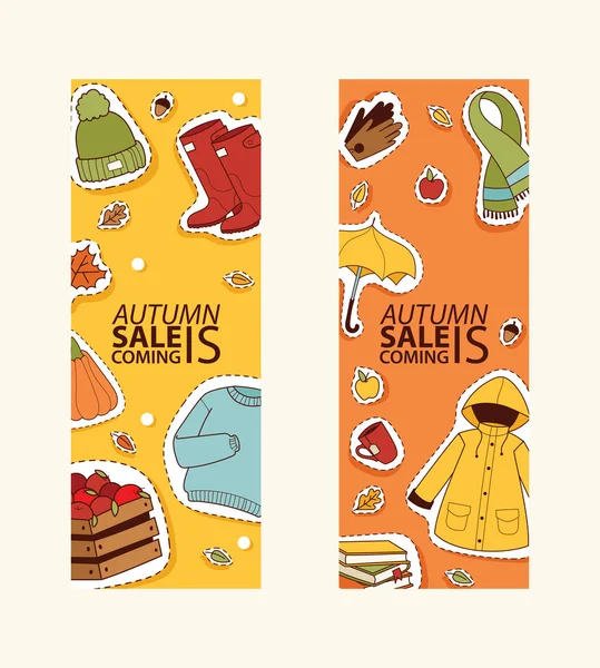 Sonbahar satış teklif afiş Web sitesi banner öğeleri kartı sonbahar ile ilgili giysileri ile. Yağmurlu soğuk zaman mutlu altın ve sarı sonbahar kutlamak için. Şemsiye, yaprak sonbahar, ilaçlar, yeşillik, yağmur