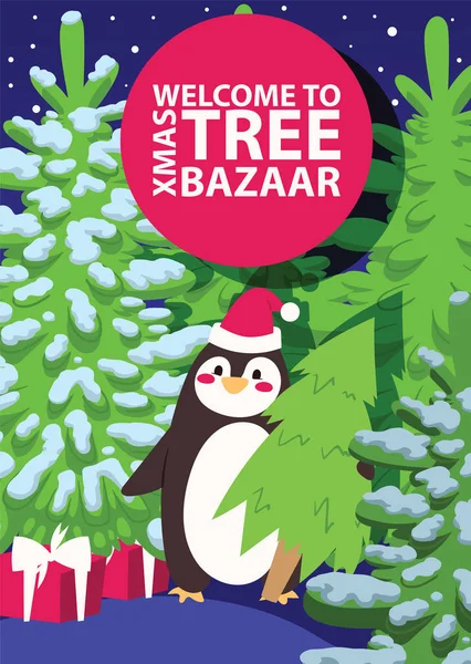 Karácsonyi téli fa bazár eladó vektor eladható Télen karácsonyi reklám vásárlás ideje nagy értékesítési ajánlat banner vásárolni ajándékokat fa reklám szórólap pingvin vektoros illusztráció — Stock Vector
