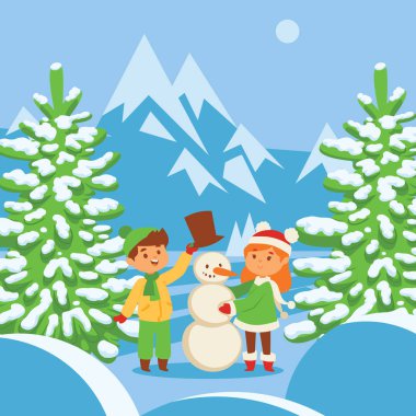 Buz pateni kış oyunları oynayan Noel çocuklar, Kayak, kızak, kız Noel ağacı, oğlum Giydir ve kız kar adam, çocuklar kartopu oynarken yapar. Çizgi film yeni yıl kış tatil arka plan
