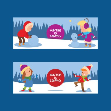 Christmas kids playing winter games skating, skiing, sledding, girl dresses up Christmas tree, boy and girl makes a snow man, children playing snowballs. Cartoon New Year winter holidays background clipart