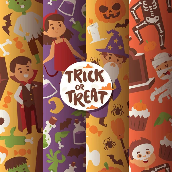 Halloween niños disfraz truco o tratar trajes de fiesta vectorial personajes. Niños pequeños murciélago de Halloween, dulces, fantasmas, zombies niños disfraz divertido dibujos animados niños y niñas carnaval fiesta sitio web banner — Vector de stock