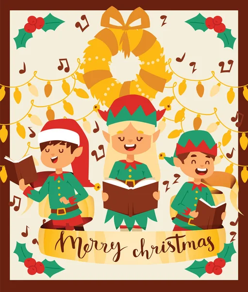 Père Noël elfe enfants aides vectoriel illustration enfants célèbrent fête de Noël. Santa helpers en costume traditionnel Noël 2019 fond. Elfe enfants de Noël — Image vectorielle