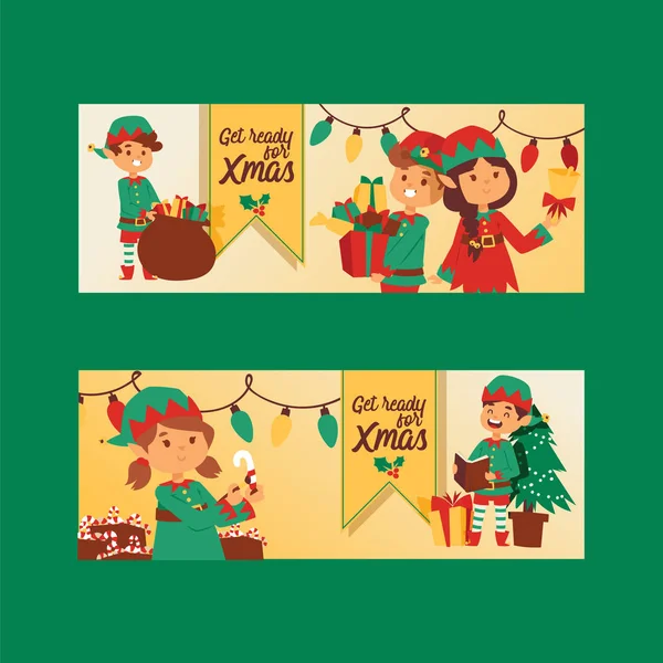 Papai Noel elfo crianças ajudantes ilustração vetorial crianças celebrar festa Cristmas. Ajudantes de Papai Noel em traje tradicional Xmas 2019 fundo. Elfo Natal crianças — Vetor de Stock
