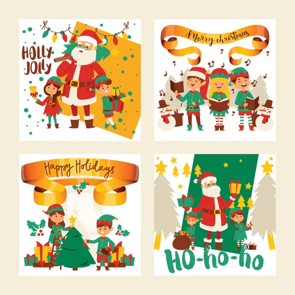 Babbo Natale elfo bambini aiutanti vettore illustrazione bambini celebrano festa di Natale. Babbo Natale aiutanti in costume tradizionale Natale 2019 sfondo. Elfo Natale bambini — Vettoriale Stock