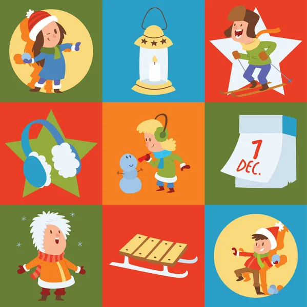 Χριστούγεννα τα παιδιά παίζουν παιχνίδια χειμώνα πατινάζ, σκι, έλκηθρο, φορέματα κορίτσι επάνω το δέντρο των Χριστουγέννων, το αγόρι και το κορίτσι κάνει ένας άνθρωπος χιόνι, τα παιδιά παίζουν χιονόμπαλες. Φόντο διακοπές χειμώνα νέο έτος κινουμένων σχεδίων — Διανυσματικό Αρχείο