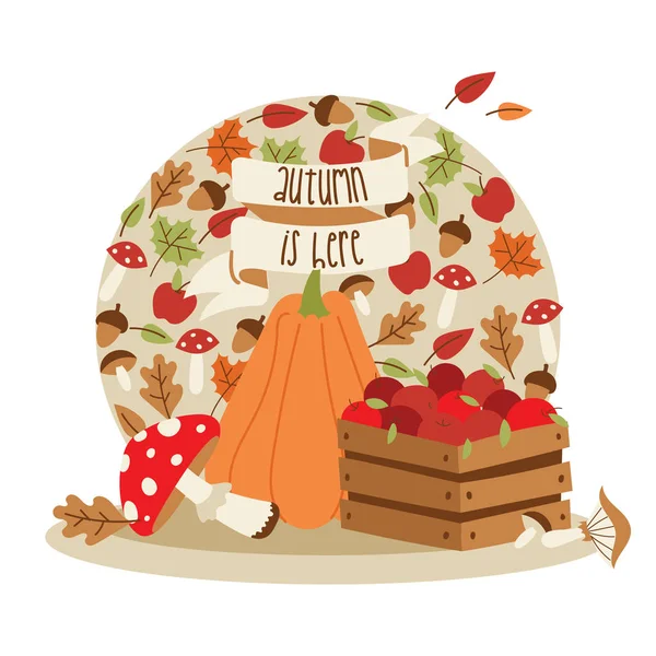 Vector otoño tiempo elementos de decoración de acción de gracias. Tarjeta de invitación de artículos de letras felices. Calabaza, champiñones, hojas con elementos otoñales. Oferta de venta de páginas web time card octubre diseño estacional — Vector de stock