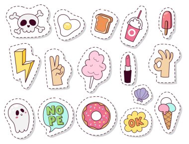 Hipster yamalar öğeleri elle çizilmiş şirin moda çıkartmaları doodle pop sanat kroki pimleri ve komik rozet vektör halat.