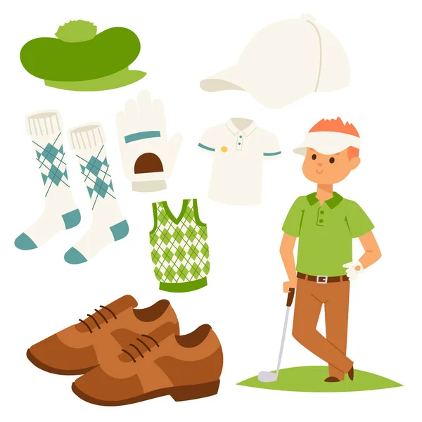 Golf speler kleding en accessoires golfen club mannelijke schommel sport hobby apparatuur vectorillustratie. — Stockvector