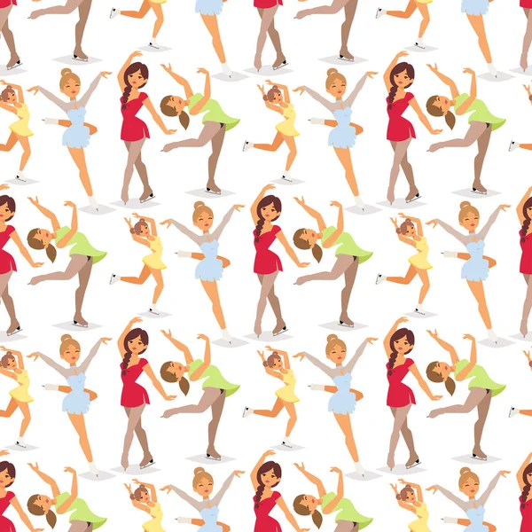 Фігурний крижаний ковзаняр жінки вектор краси спортивні дівчата роблять вправи і трюки стрибають персонажі танцівниці люди виконання безшовний візерунок фонова ілюстрація . — стоковий вектор