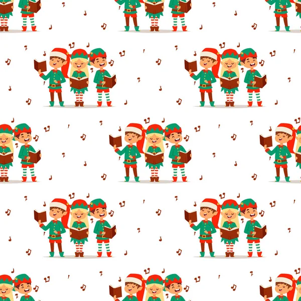 Santa Claus elf kinderen cartoon elf helpers vector illustratie kinderen Elfen karakters klederdracht naadloze patroon achtergrond — Stockvector