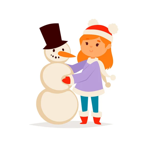 Christmas kid girl vector character playing winter games winter children holidays christmas snowman cartoon new year xmas kid — Stock Vector