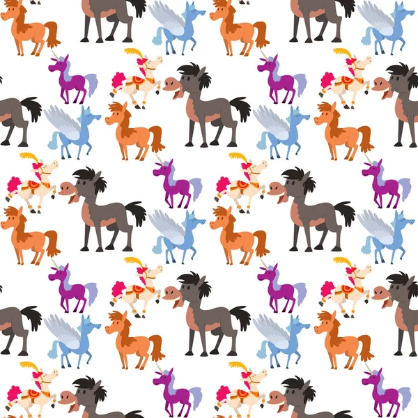 Hästraser ponny hingst vektor färg gård hästsport däggdjur tamdjur mane zoo karaktär illustration sömlösa mönster bakgrund. — Stock vektor