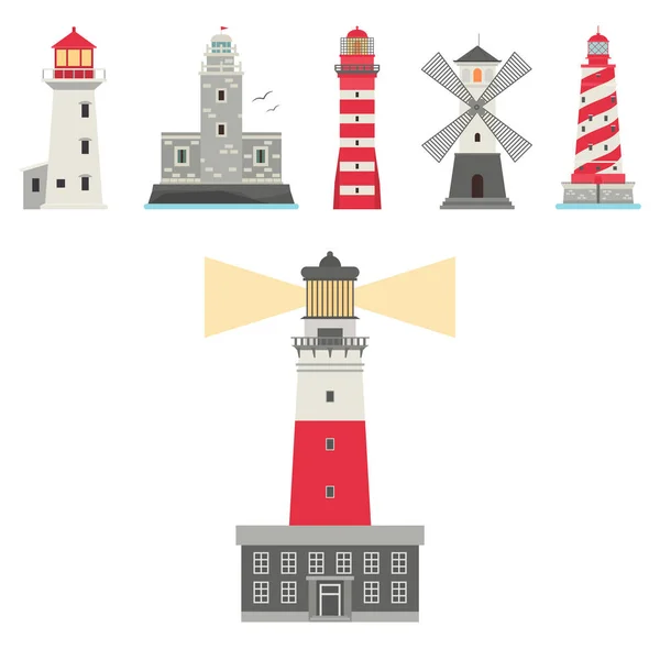 Lighthouses vector flat searchlight towers for maritime navigation guidance ocean beacon light safety security symbol illustration.