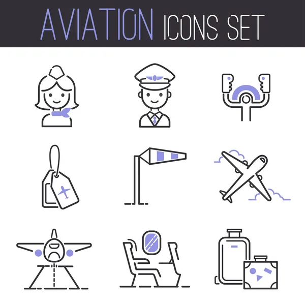 Ikony lotnictwa wektor zestaw linii lotniczych zarys graficzny ilustracja lot lotnisko transport pasażerów projekt odlot. — Wektor stockowy