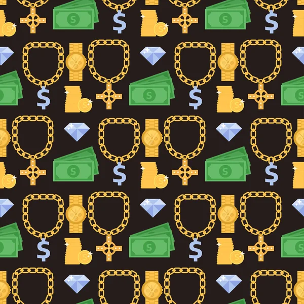 Jóias ouro vetor pedras preciosas acessórios moda dinheiro ilustração beleza pingente símbolo colar acessório sem costura padrão fundo . —  Vetores de Stock