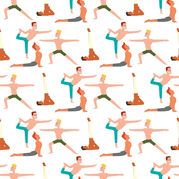 Yoga posizioni uomo personaggi classe vettore illustrazione meditazione maschio concentrazione umano pace sport stile di vita rilassamento salute esercizio senza soluzione di continuità modello sfondo . — Vettoriale Stock