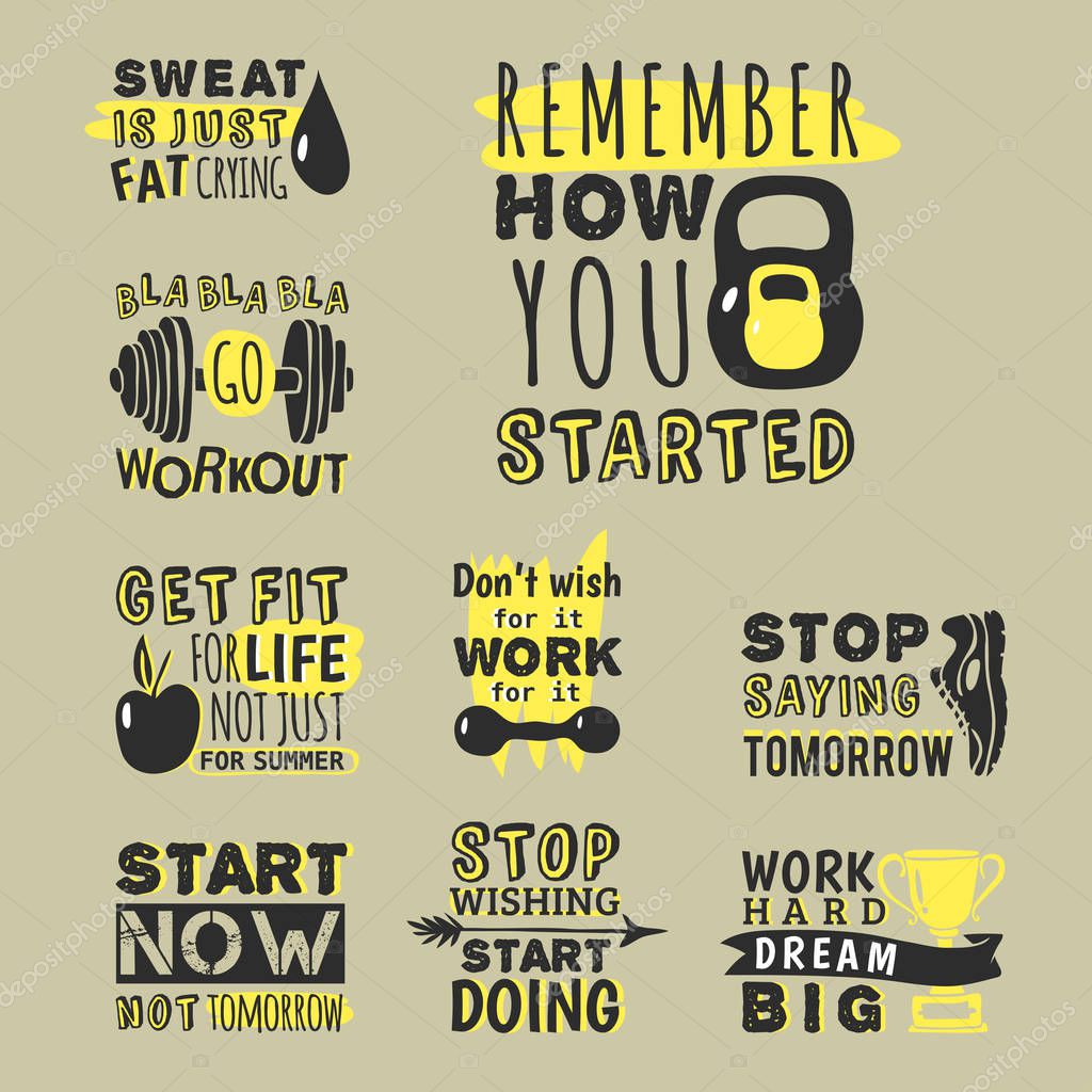 Sport motivational logo vector design hand drawn element banner gym crossfit trainings motivation text lettering illustration. Work positive motivate concept message typographic workout lifestyle.