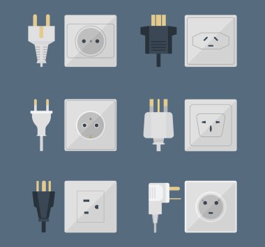 Elektrik fişleri yığını çıkış illüstrasyon enerji soketi elektrik prizi takılan Avrupa ve ABD, Asya cihaz iç simgesi. Tel kablo kablosunu tak-bağlantı elektrik prizi takılan Çift Kişilik Amerikan