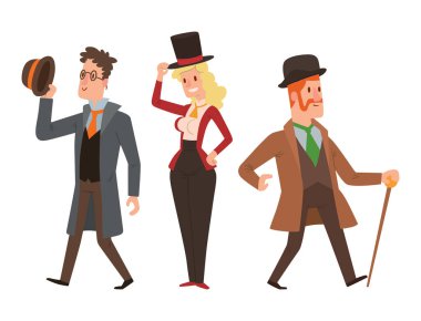 Vintage Victoria karikatür beyler retro insanlar vektör. Antika yüzyıl karakter Victoria gent insanlar vintage vahşi batı erkek ve kadın tarzı giyim tarzı moda eski insanlar Victoria beyefendi