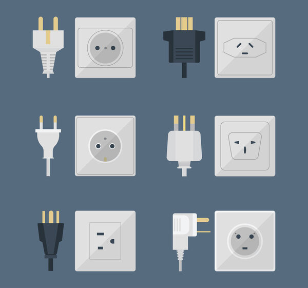 Electric plugs stack outlet illustration energy socket electrical outlets plugs european and usa, asia appliance interior icon. Wire cable cord plug-connection electrical outlets plugs double american