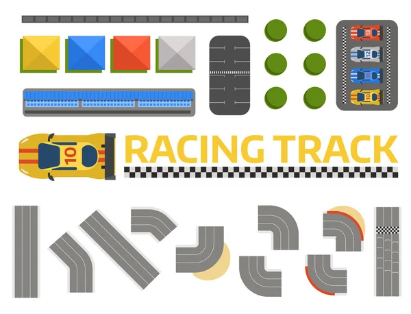 Race car sport track curve road vector. Top view of car sport competition constructor symbols. Circuit transportation tire car speedway line. Automobile highway flare formula finish — Stock Vector