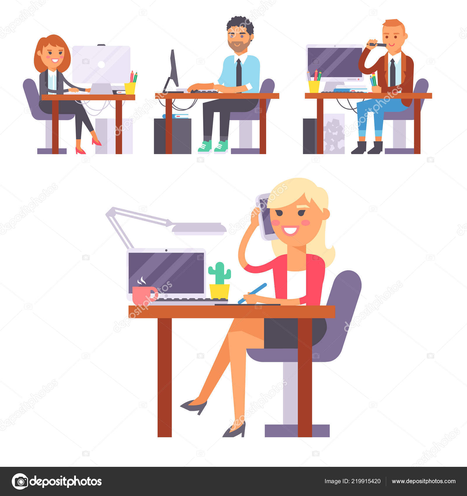 Vector Flat People Work Place Business Worker Person Working On