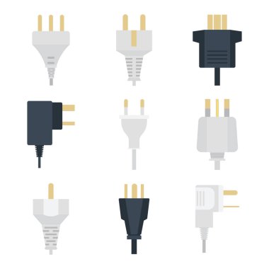 Elektrik fişleri yığını çıkış illüstrasyon enerji soketi elektrik prizi takılan Avrupa ve ABD, Asya cihaz iç simgesi. Tel kablo kablosunu tak-bağlantı elektrik prizi takılan Çift Kişilik Amerikan