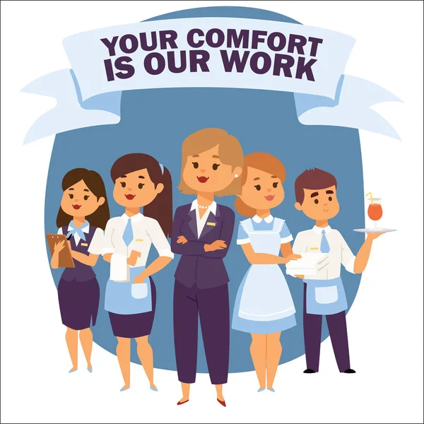 Hotel sorriso banner pubblicitario personale per il business dell'hotel. Illustrazione vettoriale con amministratore, governante, cameriere, cameriera e receptionist. Il vostro comfort è il nostro lavoro . — Vettoriale Stock