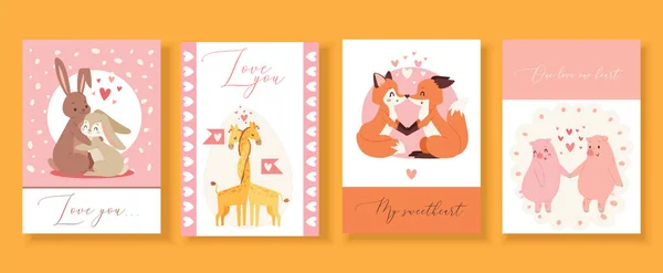 Tarjetas de regalo del día de San Valentín con animales lindos en el amor, besos conejos de dibujos animados, zorros, cerdos y aves vector ilustración . — Vector de stock