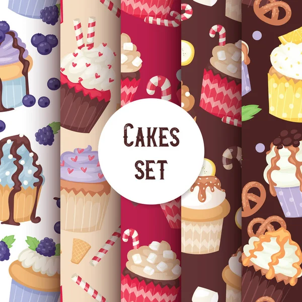 Cupcake seamless pattern cute cake food background candy packaging fancy cake wrapping paper, fruit muffin textile vector illustration