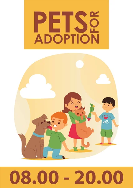 Anak-anak dengan hewan peliharaan mengadopsi poster persahabatan vektor ilustrasi. Cinta anak anjing dan kucing adopsi . - Stok Vektor