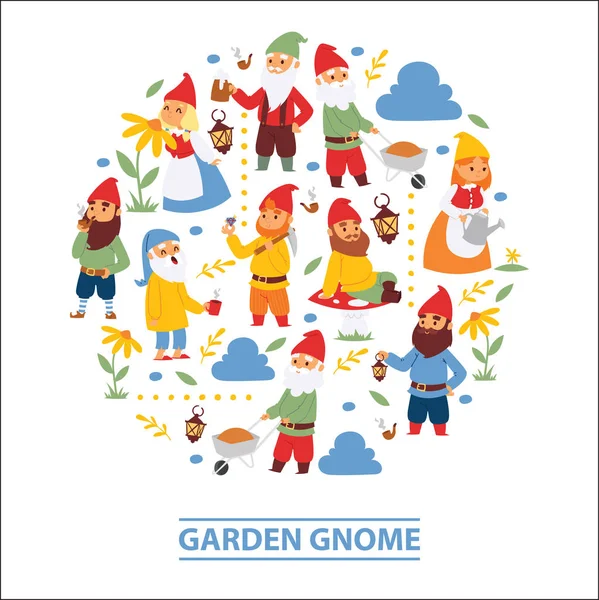 Kert gnome szakáll törpe karakterek tapéta és kertészeti flayer klitsch családi ábra háttér vektor illusztráció — Stock Vector