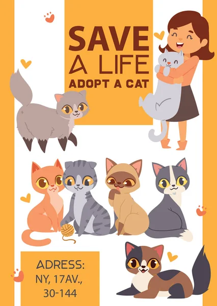 Children with pets adopt friendship poster vector illustration. Love child and cat adoption. — Stock Vector