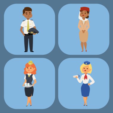 İnsanlar komut pilot ve hostes vektör çizim havayolu karakter uçak personeli personel hava hostes uçuş görevlileri.