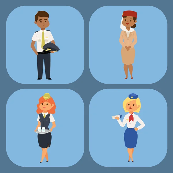 Пілоти та стюардеса Векторні ілюстрації персонажа авіакомпанії персоналу літака персоналу повітряної хостери стюардеси люди командують . — стоковий вектор