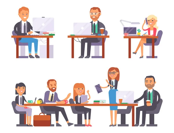 Vector flat people work place business worker person working on laptop at the table in office coworker businesswoman and businessman character workplace computer illustration — Stock Vector