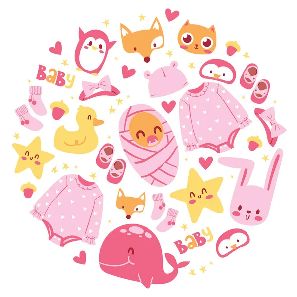 Baby shower vector illustration. Newborn girl arrival and shower collection with accessories for kid. It s a girl. Clothing animals cat fox duck rabbit whale, penguin, cat. — Stock Vector