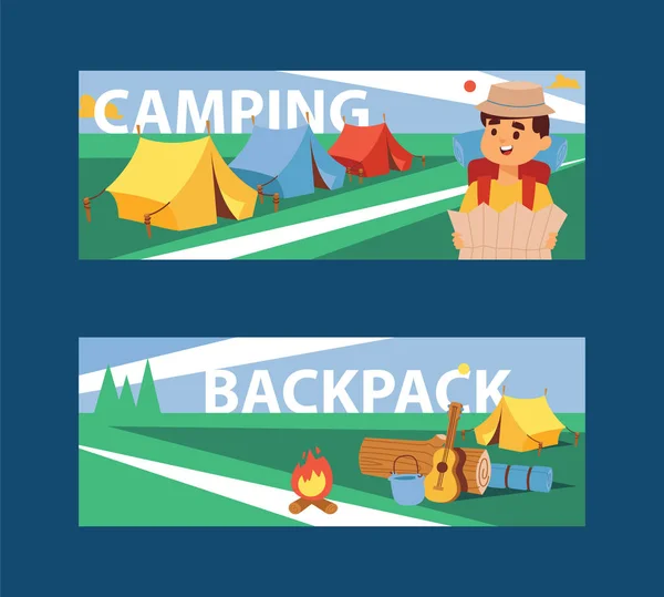 Ilustração vetorial de banner de acampamento de verão. Acampar e viajar de férias com equipamentos diferentes. Viajante de desenhos animados com mapa e mochila folheto, brochura . — Vetor de Stock