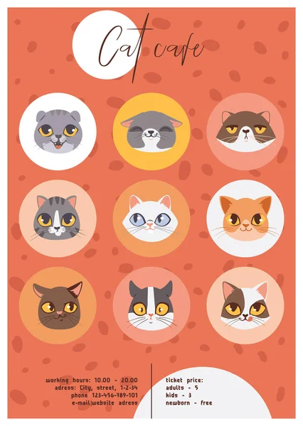 Cat cafe faces or heads poster vector illustration. Cartoon animal happy muzzles. Cat cafe advertisement banner, flyer, invitation, brochure beautiful pets.