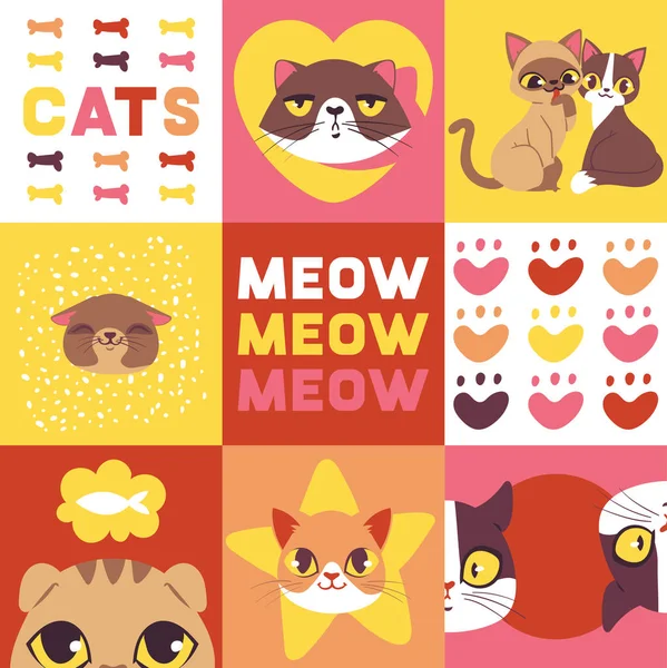 Katzenköpfe Vektor Illustration. Niedliche Tiergesichter. Lustige Comicfiguren für Banner. Haustiere im Trend. Kätzchen denken über Fische nach. Verliebte Katzen. Miau. — Stockvektor