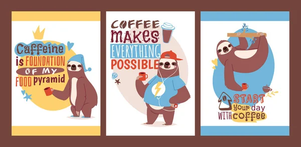 Sloth with cup of coffee set of animal cards. Enjoy the morning. Vector illustration with textstart your day with coffee. — Stock Vector