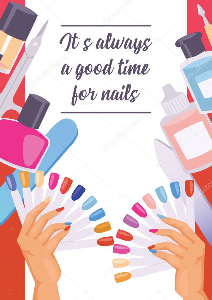 Cartoon manicure print poster. Vector illustration of accessories for nails cuticle pusher, cuticle trimmer, nail file and scissors. Text of banner It is always a good time for nails.