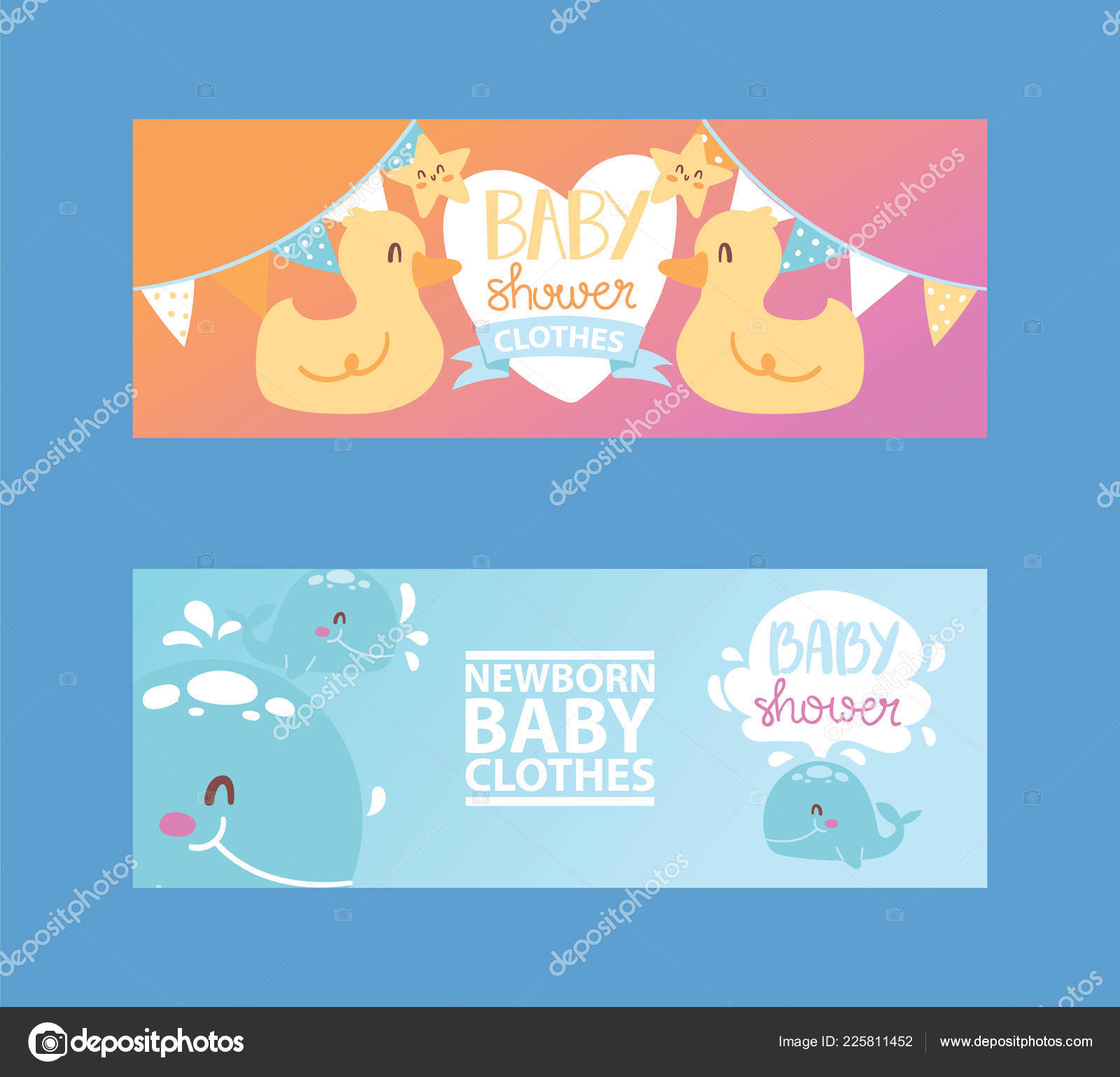 Douche Bebe Vetements Fille Et Garcon Illustration Vectorielle Vetements Pour Nouveau Nes Canards De Dessin Anime Mignons Etoiles Et Baleines Pour Banniere Flyer Invitation Brochure Affiche Image Vectorielle Adekvat C