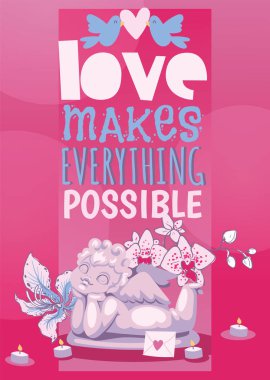 Sevgililer günü poster melek heykeli vektör çizim. Melek aşk tanrısı amour romantizm heykel.