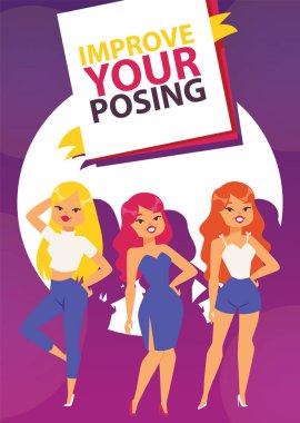 Şık moda modelleri. Genç ve güzel kız illüstrasyon vektör. Çekici kadın moda teşkil etmektedir. Senin poz geliştirmek. Arka plan afiş, el ilanı, broşür, poster için güzellik okulu.