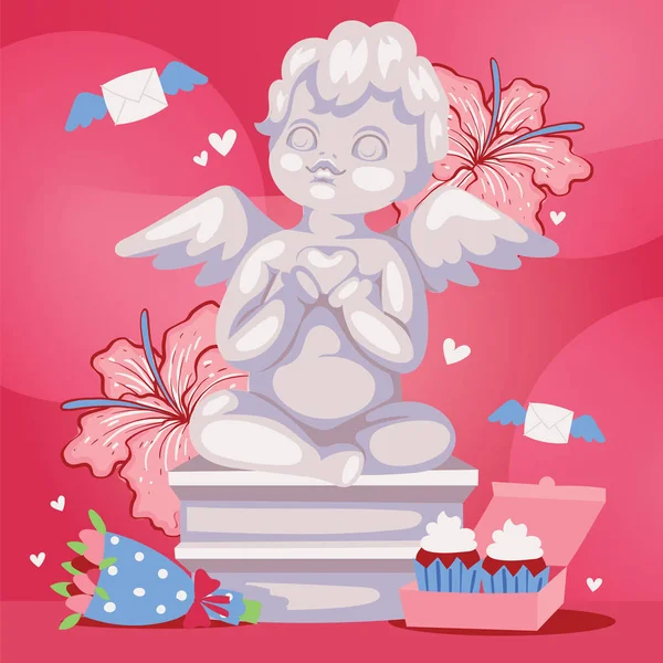 Angelico cupido scultura sfondo vettoriale illustrazione. Romantica statua d'angelo con fiori. San Valentino o il giorno del matrimonio sfondo banner, poster . — Vettoriale Stock