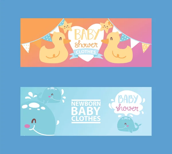 Baby shower girl and boy clothes, vector illustration. Clothing fornewborn children. Cute cartoon ducks, stars and whales for banner, flyer, invitation, brochure, poster. — Stock Vector