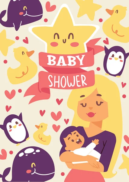 Baby shower vector illustration. Mother holding her little baby. Smiling mom with cheerful kid. Cute duck, star, whale,penguin. Banner, poster, invitations greeting card. — Stock Vector